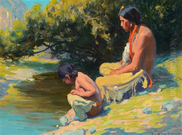 The Bank Of The River - Brave And Son by Eanger Irving Couse