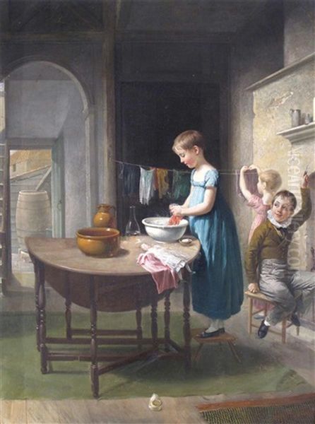 Interior Scene With Girls Washing Clothes And A Boy Playing Tricks by C.C. Coventry