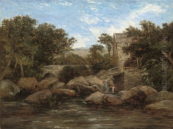 Figures By A River, A Mill Beyond by David Cox the Elder