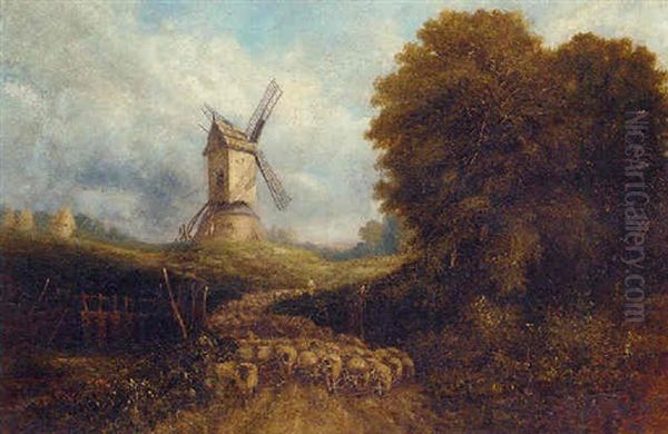 A Shepherd Herding His Flock With A Windmill Beyond by David Cox the Younger