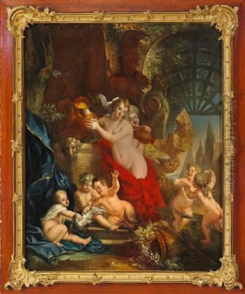 Bacchus Scene With Two Nymphs, Putti And A Satyr At A Fountain by Charles-Antoine Coypel