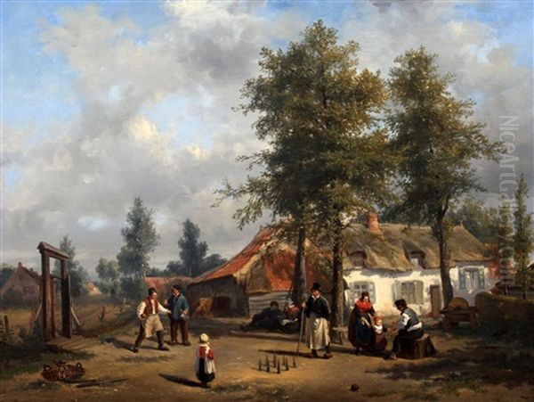 Kegelend Gezelschap Bij Boerderij by Florent Nicolas Crabeels