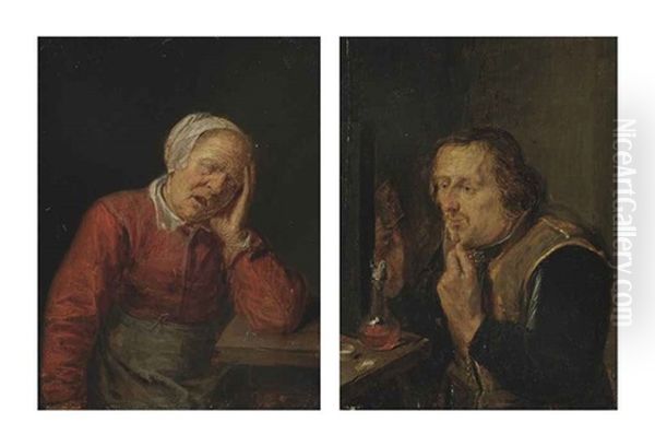 An Old Woman Asleep (+ A Man Combing His Beard; Pair) by Joos van Craesbeeck