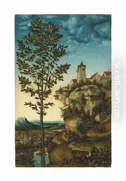 Landscape With A Tree And A Fortress On A Rocky Cliff - A Fragment by Lucas Cranach the Elder