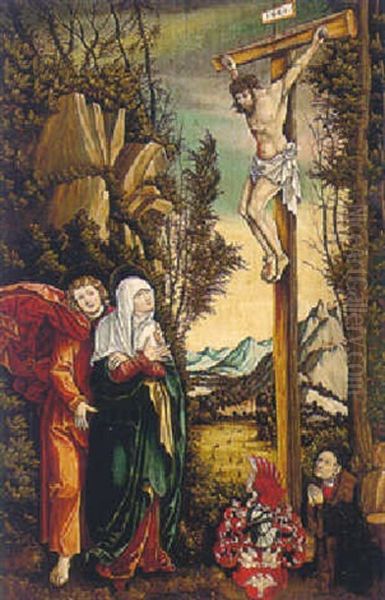 A Rocky Landscape With Christ On The Cross, Mourned By Saint John The Evangelist And The Virgin And A Donor by Lucas Cranach the Elder