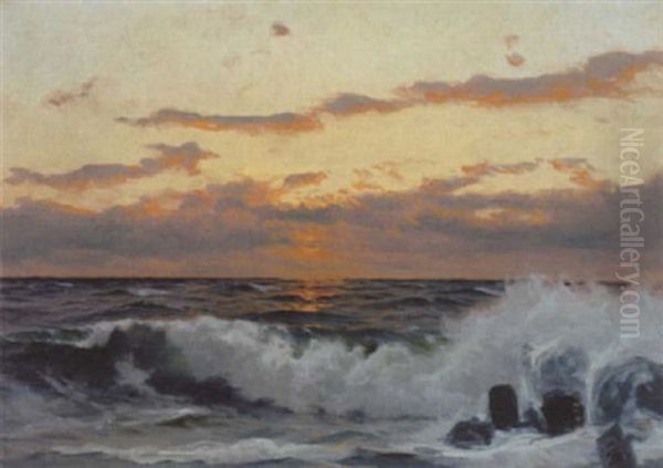 Solnedgang Over Havet I Forgrunden Brydes Bolgerne by Rudolf Crell