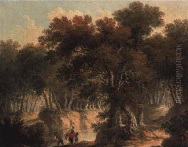 A River Landscape With A Woman And Two Children Fishing by Louis-Philippe Crepin