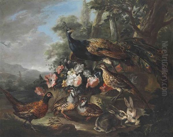 A Peacock, Pheasants And Rabbits In A Wooded Parkland Landscape by Giovanni (Crivellino) Crivelli