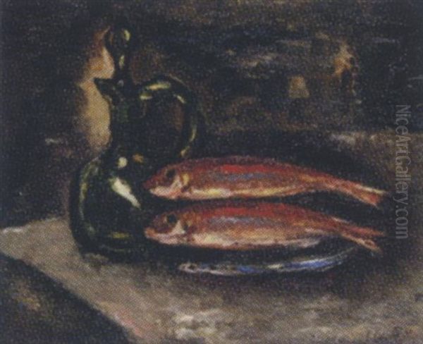 A Still Life With Fish And A Glass Carafe by Jos Croin