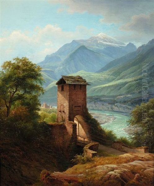 Flusslandschaft Mit Bruckenturm Im Gebirge by Georg Heinrich Crola