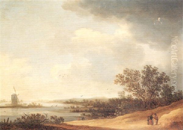 A Dune Landscape With Figures Conversing By A River, A      Windmill Beyond by Anthony Jansz van der Croos