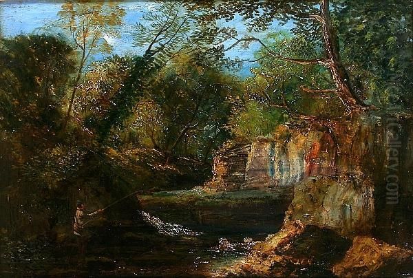 Fisherman At A Woodland River by Henry Mark Anthony