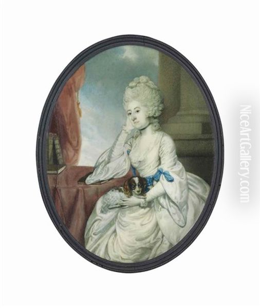 A Young Lady, In White Dress With Blue Sash, Seated Beside A Table, A Cavalier King Charles Spaniel On Her Lap by Richard Crosse