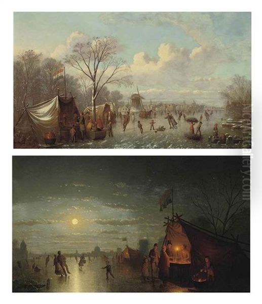 Selling Refreshments On The Ice (+ Skaters Before A Riverside Town; Pair) by Johann Mongels Culverhouse