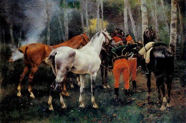 Husares Y Caballos En El Bosque by Josep (Jose) Cusachs y Cusachs