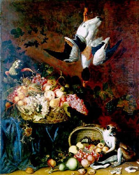 Nature Morte: Corbeille De Fruits, Singe Et Perroquet Sur Un Entablement by Frans van Cuyck