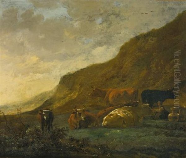 A Dairy Maid With Six Cows In A Landscape by Aelbert Cuyp