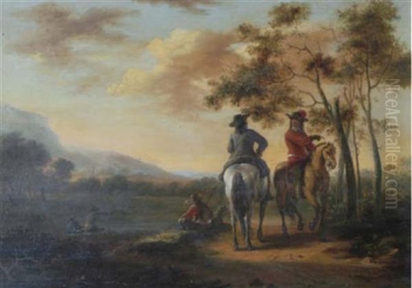 Hunters On A Path With Figures By The Wayside by Aelbert Cuyp