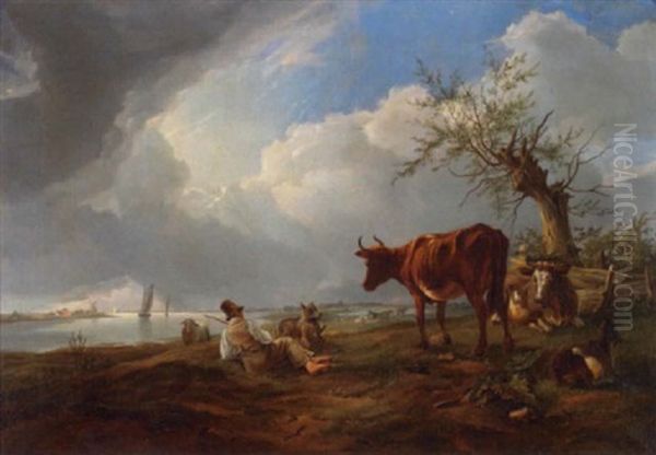 A River Landscape With A Herd Of Cows And A Figure With His Dog Resting In The Foreground by Aelbert Cuyp