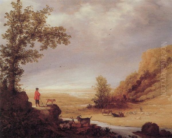 An Extensive River Landscape With A Shepherd And His Dog, Watching His Flock by Aelbert Cuyp