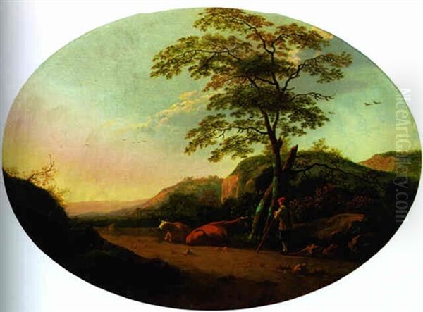 A Landscape At Sunset With Cattle And A Shepherd By A Tree by Aelbert Cuyp