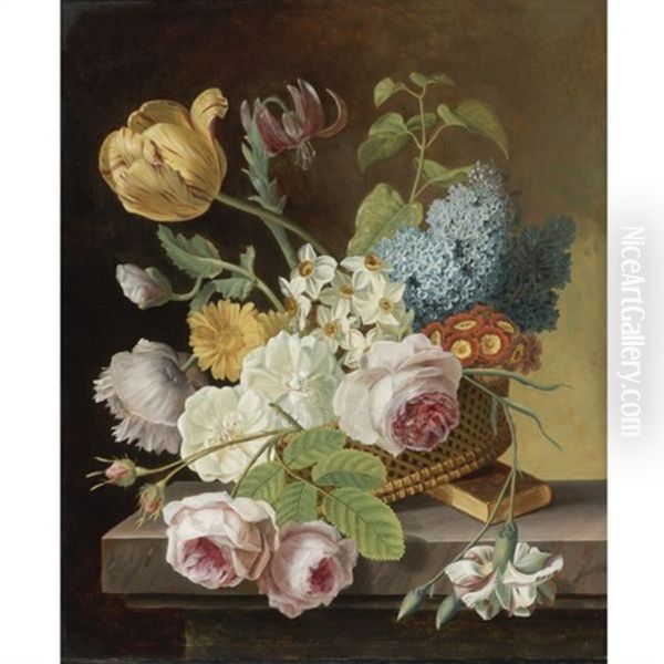 Flower Still Life With Roses, Tulips, Narcissi, And Other Flowers In A Basket On A Ledge by Jan Frans Van Dael