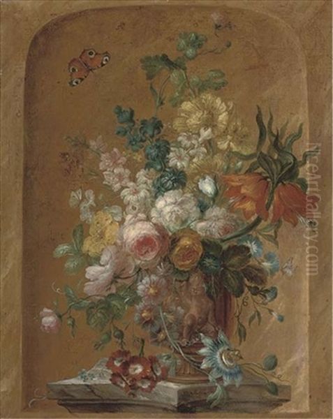 Roses, Lilies, Morning Glory, Clematis And Other Flowers In A Sulpted Urn On A Stone Plinth, In A Casement by Jan Frans Van Dael