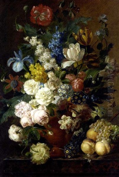 Roses, Dahlias, Tulips, Sweet William, Iris, And Other Flowers In A Terracotta Vase On A Ledge With Peaches, Grapes And Plums by Jan Frans Van Dael