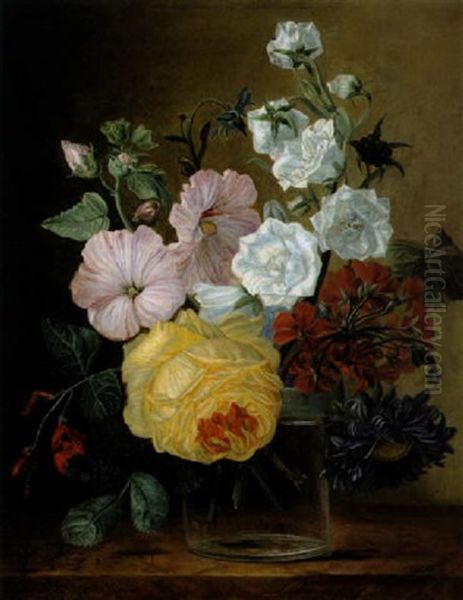 Eine Gelbe Rose, Aster, Pelargonie, Gartenwinden, Buschrosen Und Brombeere In Einer Glasvase by Jan Frans Van Dael