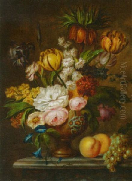 Tulips, Narcissi, Peonies And Other Summer Flowers In A Vase With Grapes And Peaches On A Marble Mantle by Jan Frans Van Dael