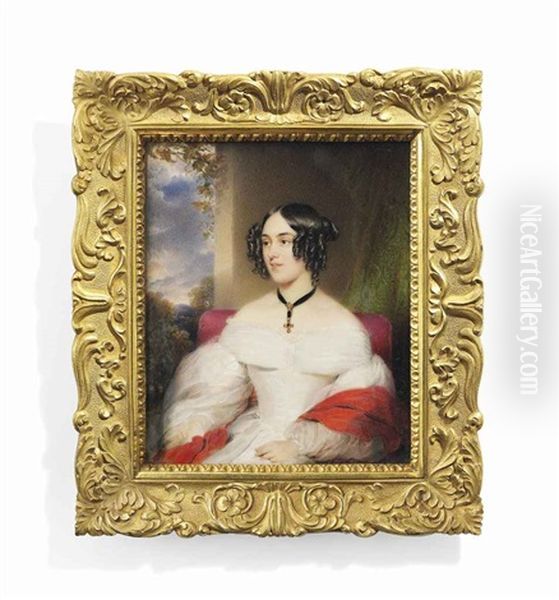 Baroness Amelie Stuers, Seated On Red Upholstered Chair, In White Dress, Red Cashmere Shawl Draped Over Her Arms, Wearing A Gold Crucifix Around Her Neck Suspended From A Black Choker by Moritz Michael Daffinger