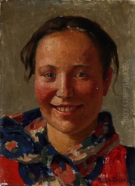 Portrait Of A Smiling Woman With A Scarf by Hans Dahl