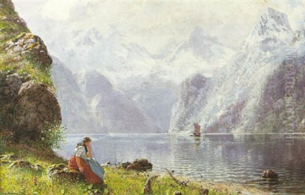 A Springtime Fjord Scene With A Woman Seated On A Rock In The Foreground Oil Painting - Hans Dahl