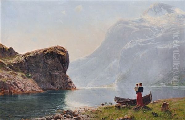 Mutter Mit Kind Am Sommerlichen Fjord by Hans Andreas Dahl