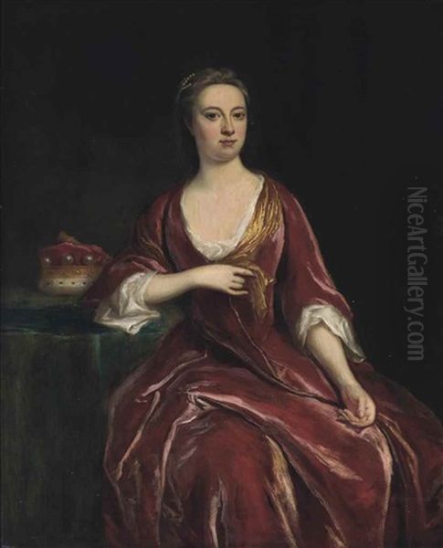 Portrait Of A Lady, Possibly A Duchess, Three Quarter Length In A Red Gown by Michael Dahl