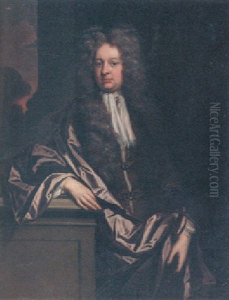 Portrait Of A Gentleman, In A Brown Coat And Cloak, Resting His Arm On A Plinth, A Landscape Beyond by Michael Dahl