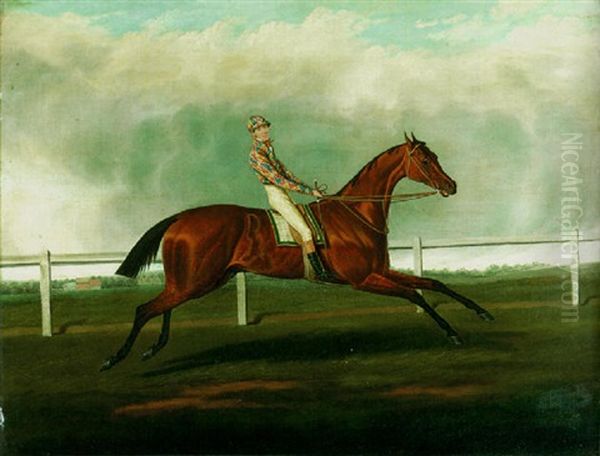 A Bay Racehorse With Jockey Up In The Colors Of Mr. Richard Watt, On A Racecourse by David (of York) Dalby