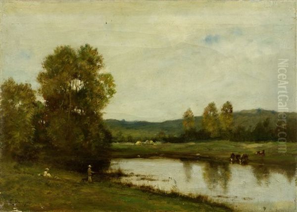 A River Landscape by Pierre Emmanuel Eugene Damoye