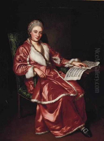 Portrait Of A Lady, Traditionally Identified As Madame Katinka, Full-length, In A Red Fur-lined Jacket And Dress, Her Left Hand Resting... by Nathaniel Dance Holland (Sir)