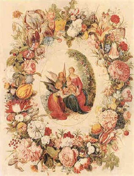 La Vierge A L'enfant Servie Par Les Anges Dans Une Guirlande Des Fleurs Sur Fond Creme by Andries Daniels