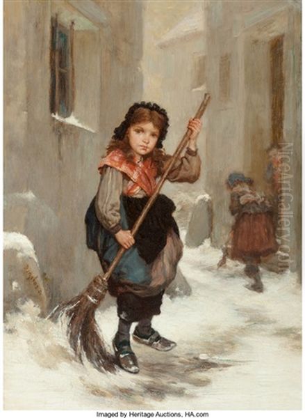 Young Girl Sweeping by Andre Henri Dargelas