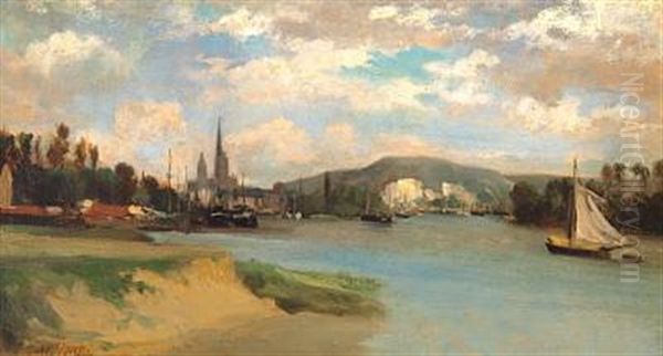 City On A River Bank In France (harbour Of Rouen?) by Charles Francois Daubigny