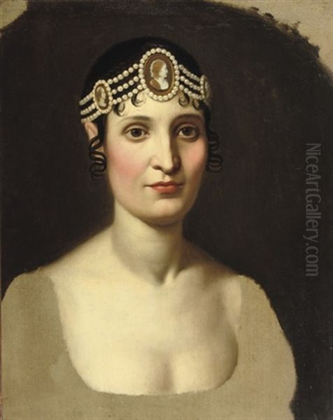 Portrait Of Paulina Borghese Wearing An Elaborate Headdress With Antique Cameos by Jacques-Louis David