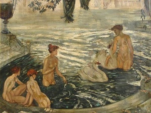 Nudes Bathing With Swans In A Neoclassical Setting by Arthur B. Davies