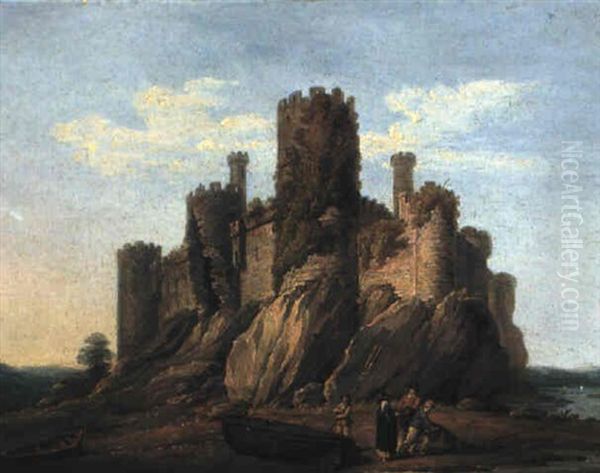 A View Of A Castle (conway?) With Fisherfolk In The Foreground by Edward Dayes