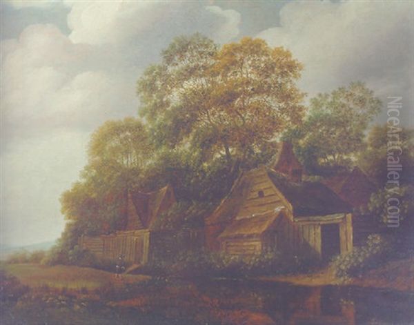 Farmhouses Among Trees By A River, On A Cloudy Day by Cornelis Gerritsz Decker