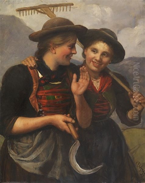 Zwei Junge Dirndl Mit Rechen Und Sichel by Franz Von Defregger