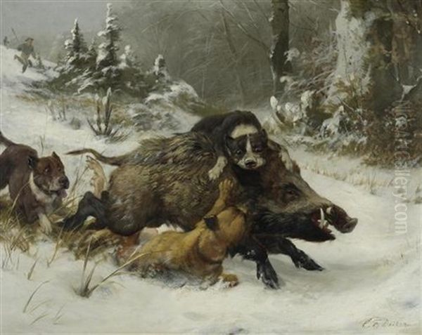 Schneelandschaft Mit Wildschwein Und Hunden by Carl Friedrich Deiker