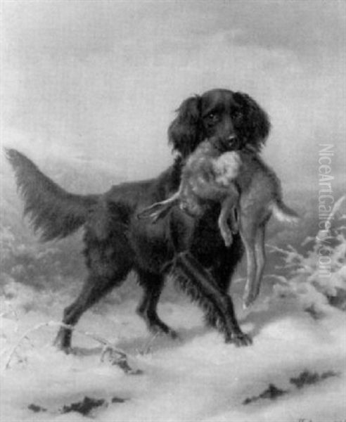 Setter Mit Erlegtem Hasen In Winterlandschaft by Johannes Christian Deiker