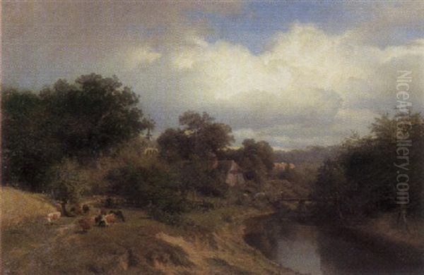 Westfallische Landschaft Mit Einem Dorf Am Fluschen by Heinrich Deiters